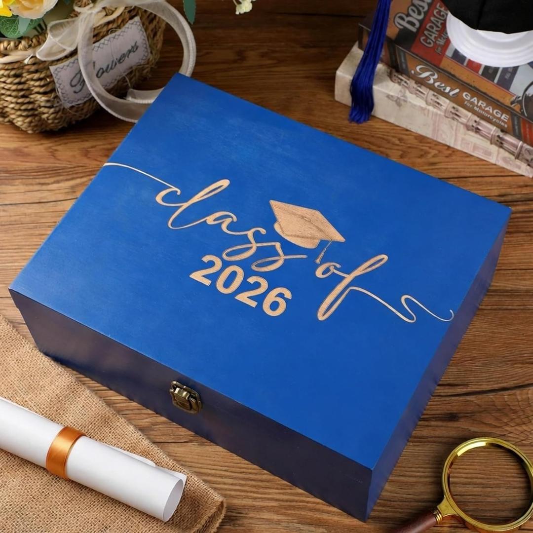 Geelin Graduation Keepsake Wooden Box Class of 2026 Graduation Cap Large Keepsake Box Graduate Wooden Engraving Memento Case for High School College Memory Gifts 13 x 10.5X 5inch(Blue)