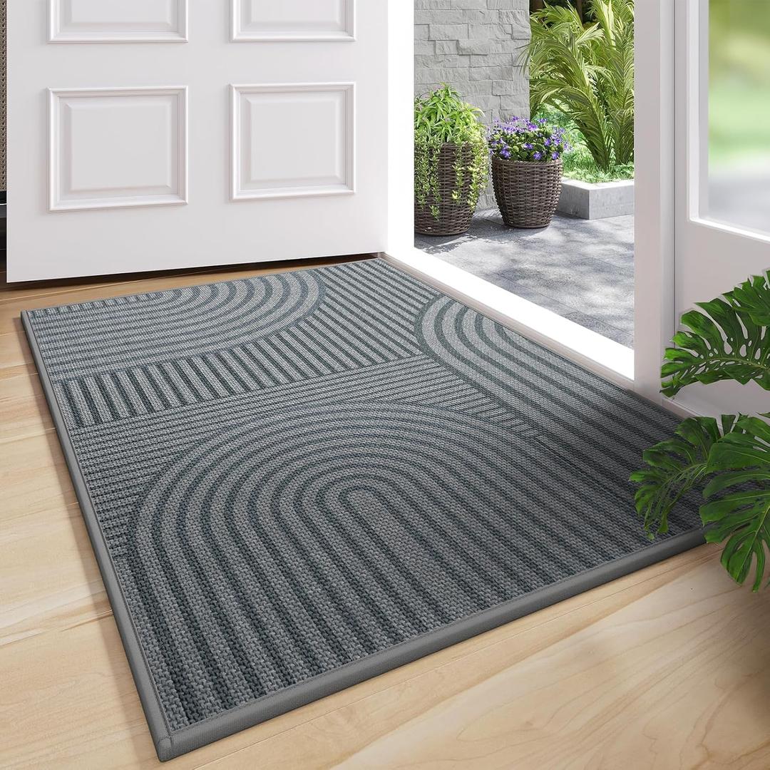 Front Door Mat 24''x35'', Absorbent Dirt Resist Washable Non Slip Low-Profile Indoor Doormat, Easy Clean Welcome Entryway Door Mats, Grey