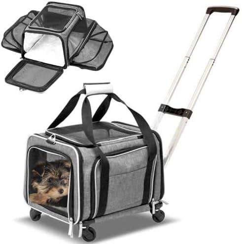 Expandable Premium Pet Carrier on Wheels- Two Sided Expandable Rolling Carrier- Designed for Dogs & Cats- Extra Spacious Soft Lined Carrier! (Grey and Blue
