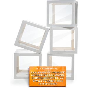 White Transparent Balloon Boxes, Clear Baby Boxes with 78 Letters for Custom Name, Balloon Box Blocks Backdrop for Bride Shower Baby Shower Birthday Boy Girl Gender Reveal Graduation Party Decor, 5PCS