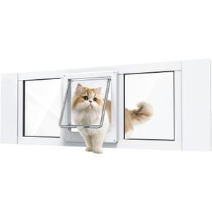 Cat Door for Window, Aluminum Cat Door Window Insert with 4 Secure Lock Modes, Magnetic Closure for Cats, Fit Window Width 24"-28", White, Small