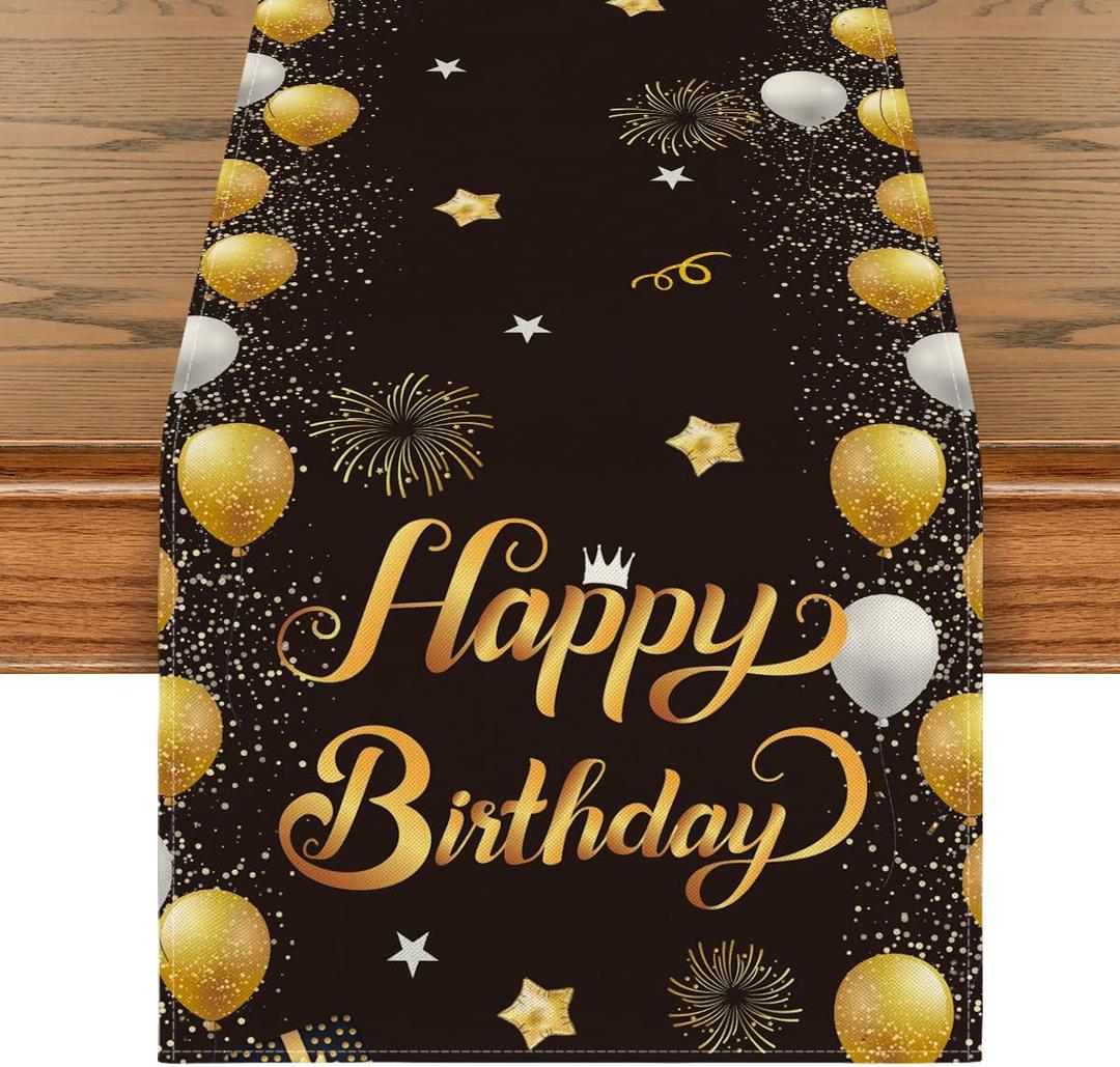 Artoid Mode Balloons Firework Happy Birthday Table Runner, Stars Holiday Kitchen Dining Table Decoration for Home Party Decor 13x72 Inch (Black)