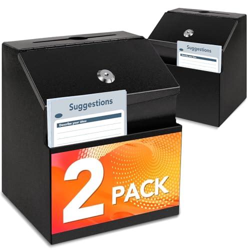 LINSIRON Suggestion Box with Slot and Lock,2 Pack Metal Wall Mounted Ballot and 50 Free Suggestion Cards,Donation Boxes for Fundraising with 2 Keys 8.4 x 5.8 x 7.0 inch,Black