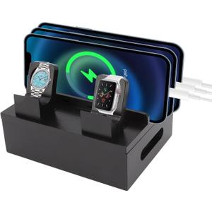 Wooden Charging Station for Multiple Devices - 5 Port USB Desktop Organizer with Watch Holder, Compatible with Phones Tablets Electronics (Black, 11.3x13x17cm/4.4x5.1x6.7in)