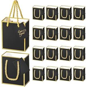 EQOREIIN 60pcs Mini Gift Bags with Handles, 4 x 4.7 x 2.2 inches Small Gift Bags with Tag, Tiny Small Thank You Gift Bags for Party Favor Christmas Thanksgiving （Black, Gold）