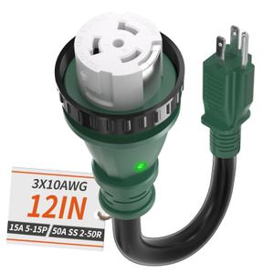 50 Amp to 15 Amp 110V RV Adapter Plug, 15A Male to 50A Female RV Power Adapter with Twist Lock & LED Indicator, Dogbone Electrical for Camper, NEMA 5-15P SS 2-50R, 10/3 STW Cord 12"