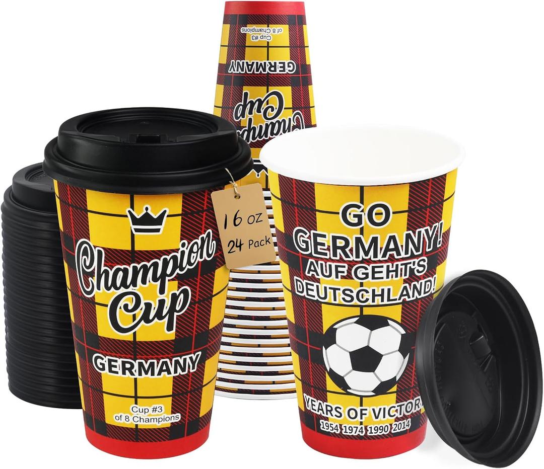 16 oz Champion Cup A Salute To Germany, 4-Time World Soccer Champion, 24 Sets Disposable Paper Party Cups with Lids for Fan Event Decorations Game-Day Festival, AUF GEHT'S DEUTSCHLAND 2026