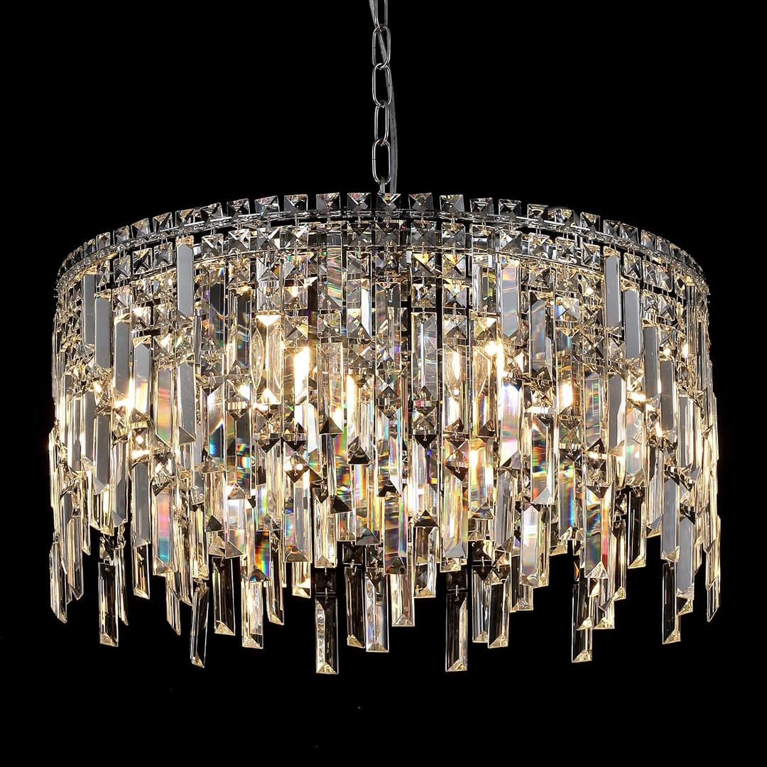 Crystal Chandelier, 24" Modern Round Chandelier for Dining Room, K9 Large 8-Light Crystal Pendant Fixtures Raindrop Luxury Pendant Ceiling Light Chrome for Entryway Foyer Staircase