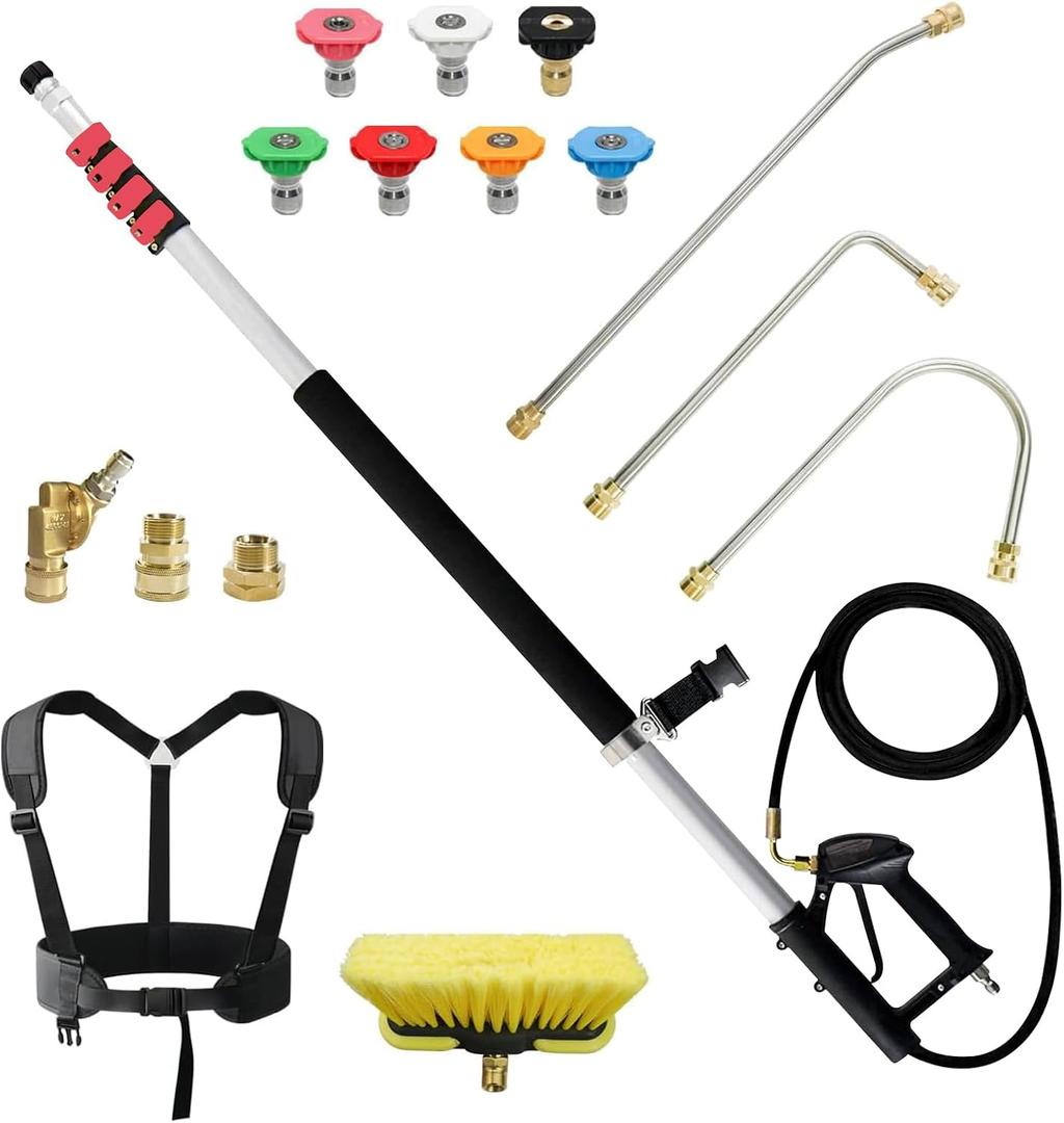 24 FT Telescoping Pressure Washer Wand with Pressure Washer Extension Wand,Brush Head,Gutter Cleaner Attachment and Support Belt,Pressure Washer Extension Pole for Wall Roof Gutter