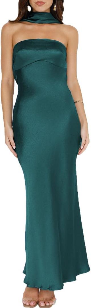 Women's Summer Satin Strapless Tube Top Maxi Dress Elegant Silk Backless Halter Neck Formal Party Dresses Wedding Guest, M
