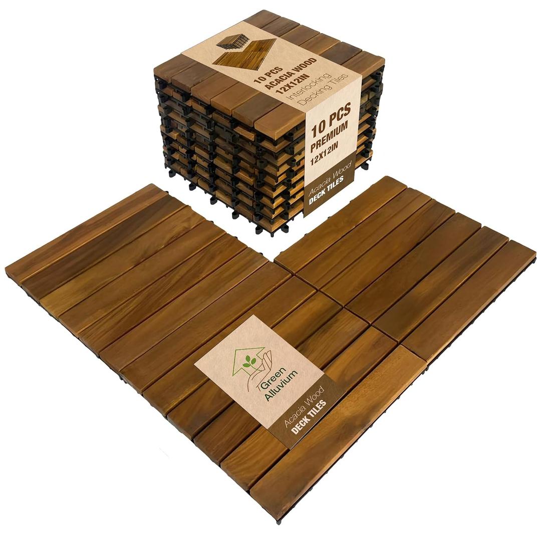 10 pcs Premium Acacia Wood Interlocking Decking Tiles  12x12x0.9in Weatherproof Patio Flooring Outdoor  Interlocking Deck Tiles for Balcony, Backyar & Poolside, All-Weather Use (Golden Teak Finish)