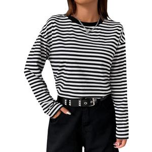 LilyCoco Womens Long Sleeve Striped Shirts Casual Color Block Crew Neck T Shirts Black Large