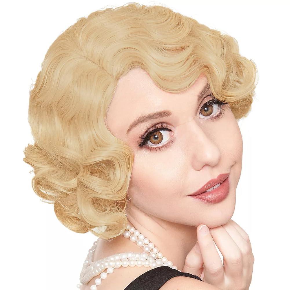 Women Blonde Curly Wig Short 20s 30s Finger Wave Retro Wave Synthetic Fancy Wigs for Halloween Cosplay Wig (Gold)