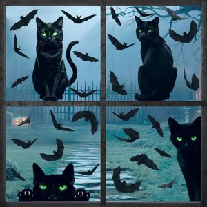 Halloween Decorations Window Clings,4 Sheet Large Black Cats Halloween Window Stickers,Bats Silhouette Window Decals for Indoor School Home Office Party Decor