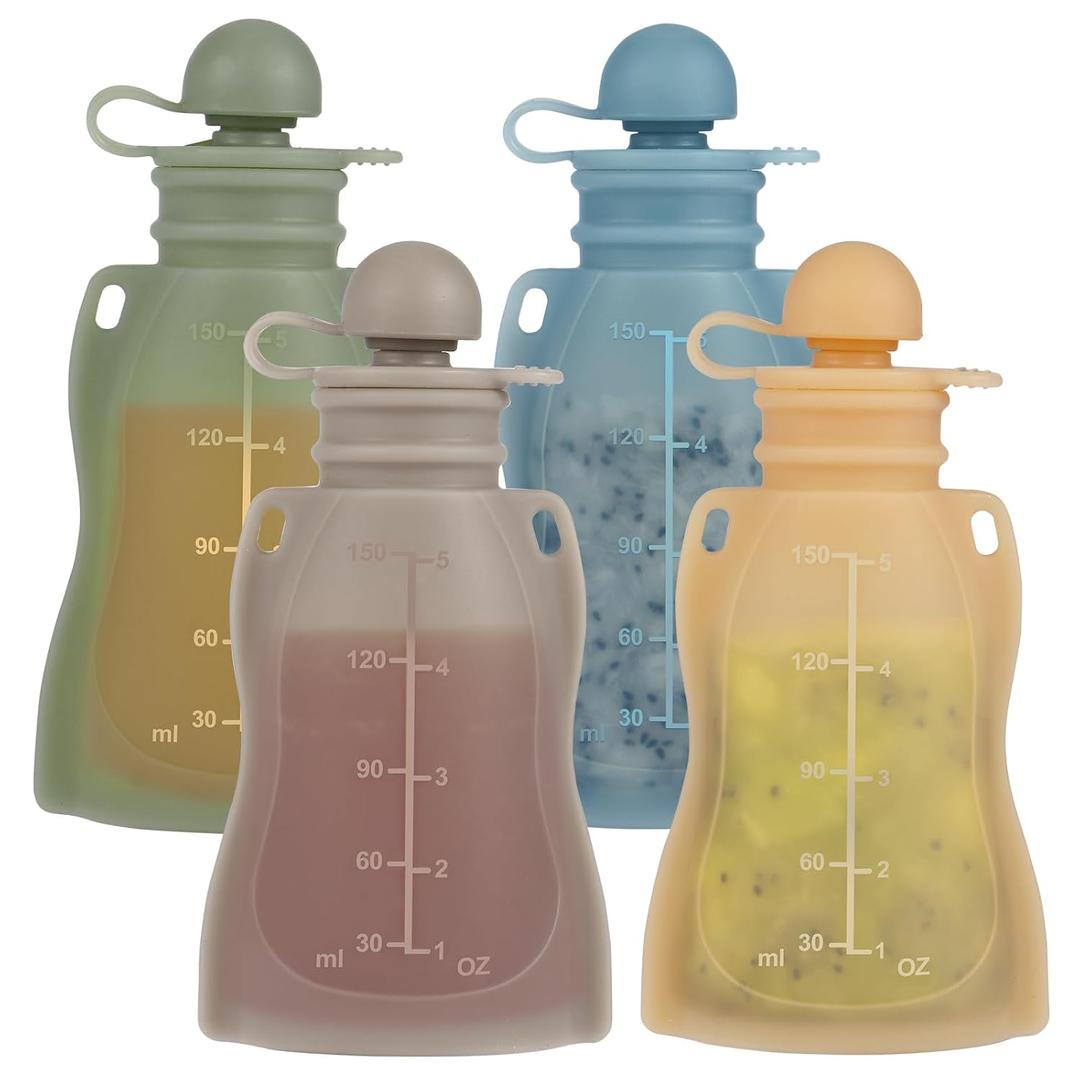 Reusable Baby Food Pouches, 4 Pack with Straw Squeezable Pouches for Toddlers, BPA-Free, Refillable Silicone Baby Food Storage Containers, 5 oz