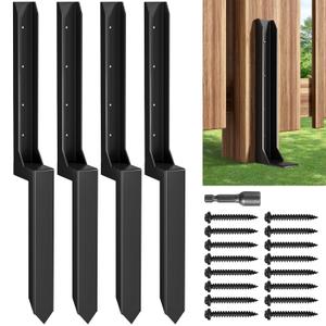 One-Piece Fence Post Repair KitHeavy Duty Steel Fence Post Anchor Ground Spike Quick Fix Broken/Leaning Wood Posts withand Fixed Fence Posts 4-Pack