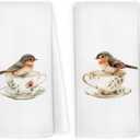 Vintage Floral Brown Birds Kitchen Dish Towels 16x24 Inch Set of 2, Bird Tea Cup Gift for Bird Lover, Cute Nature Birds Dish Towel Flower Decorative Hand Towel Tea Towels for Kitchen Home