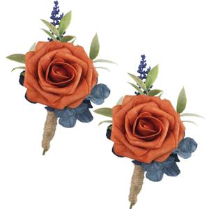 Rinlong 2Pcs Terracotta Navy Boutonniere with Pin for Men, Groom, Groomsmen | Fall Wedding, Prom, Homecoming