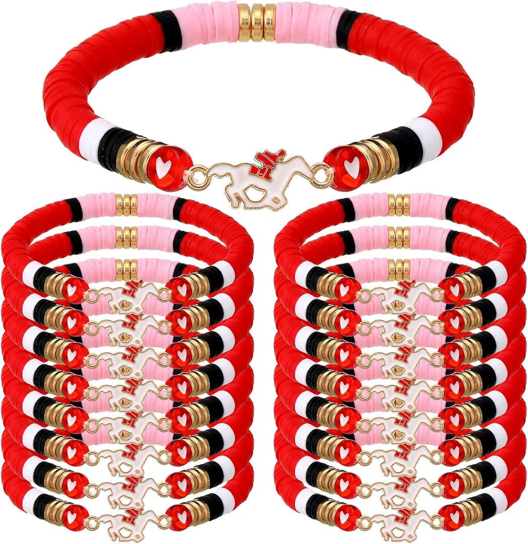 Huquary 24 Pcs Derby Party Favors Horse Bracelets Bulk Horse Racing Polymer Clay Beaded Bracelets Party Supplies Derby Jewelry Gifts Sport Decoration for Animal Competition Event Supplies