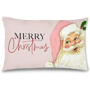 Likjad Christmas Pillowcase 12x20, with a Pink Striped Background and a Pink-clad Santa Figure, Suitable for Decorating a Girl's Room or Sofa.