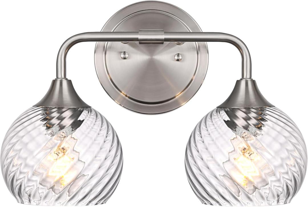 MELUCEE Bathroom Wall Light 2 Light Brushed Nickel Vanity Lighting with Clear Striped Swirl Glass Shades, Modern Bathroom Lights Over Mirror for Bath Workshop Dressing Room