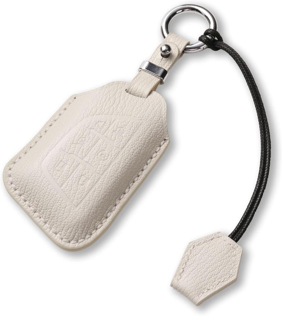 Genuine Leather Key Fob Cover Compatible with Cadillac 2021 2022 2023 2024 CT4 CT5 CT6 XT4 XT5 XT6 Escalade ESV, Key fob Case with Keychain & Lanyard for Cadillac Key Fob (6 Buttons, White)