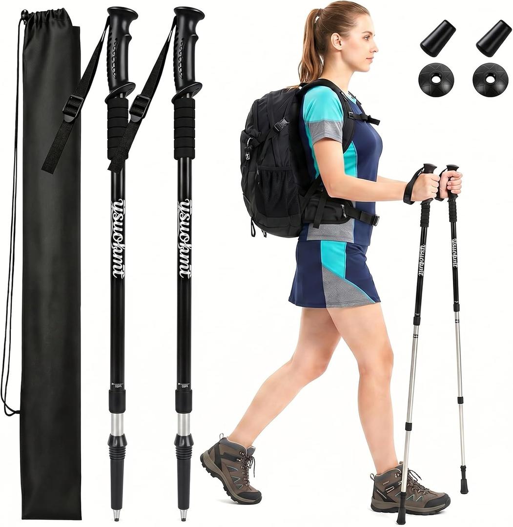 Hiking Trekking Poles, 2 Sticks with Anti-Shock and Quick Lock System， Ultralight, Telescopic, Collapsible，for Backpacking, Camping, Mountaineering, Trail Running, Snowshoeing, Men Women, 25-53"