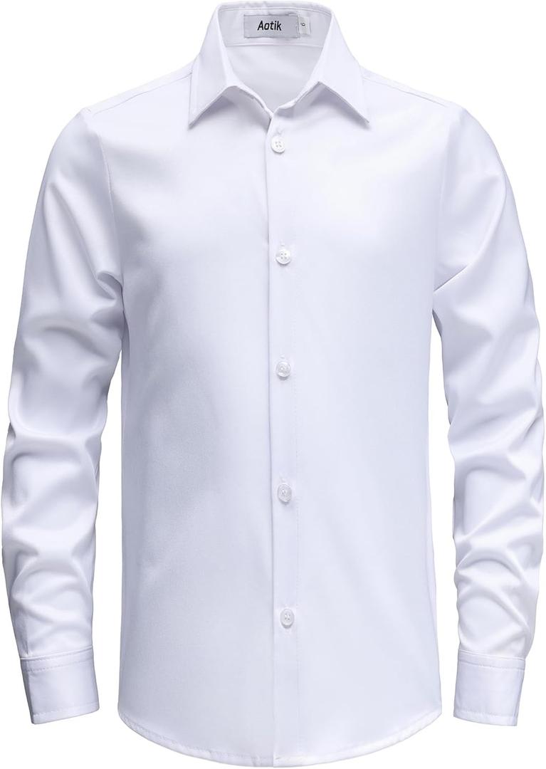 Boys Stretch Wrinkle Free Dress Shirts Button Down Shirt Long Sleeve Formal School Uniform Shirts (13-14 Years, White)