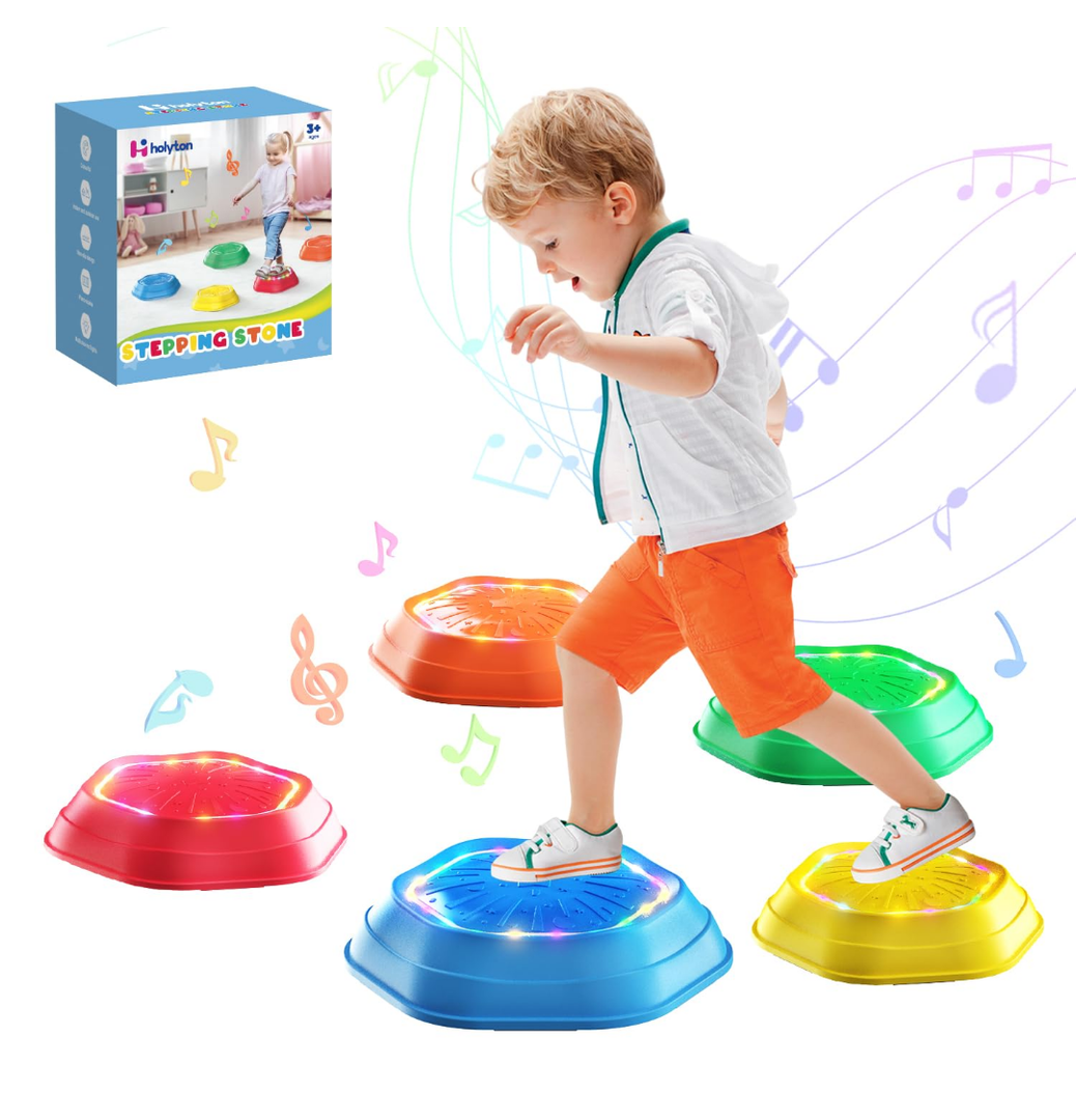 Holyton Music Light Up Stepping Stones for Kids, 5-Pack Sensory Balance Stones, Non-Slip Toddler Stepping Toys for Ages 3-8, Ideal for Sensory Training & Great Gift for Indoor & Outdoor Play