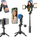 Magnetic Mini Selfie Stick for iPhone, 4 in 1 Portable Pocket Size Tripod for iPhone MagSafe/Android with Remote/Stepless Adjustable Fill Lights, Small/Compact Cell Phone Stand for Travel Vlog-Black