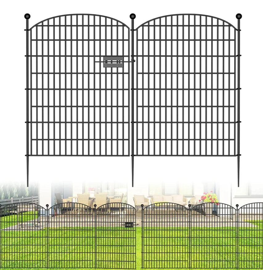 10 Panels No Dig Fence with Gate, 40 in(H) X 24 ft(L) Garden Decorative Fence Animal Barrier for Dogs, Rustproof Metal Garden Edging Border for Outdoor, Yard, Patio, Black