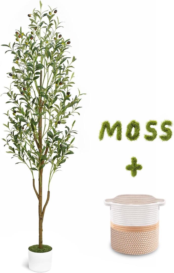 Waipfaru Artificial Olive Tree, 6FT Tall Faux Olive Trees with Planter & Basket, Artificial Plants Indoor with Natural Wood Trunk and Realistic Fruits for Home Decor Office Living Room (Green)