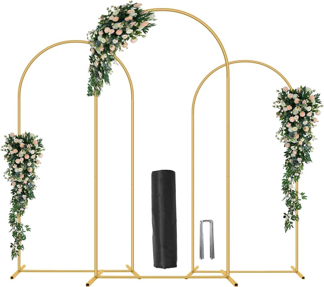 Metal Arch Backdrop Stand, Set of 3 (6/6.6/7.2 ft) Wedding Arched Frame with 12 Ground Nails and Storage Bag, Stable Arched Background Stand for Wedding, Baby Shower, Birthday Party, Photography, Gold