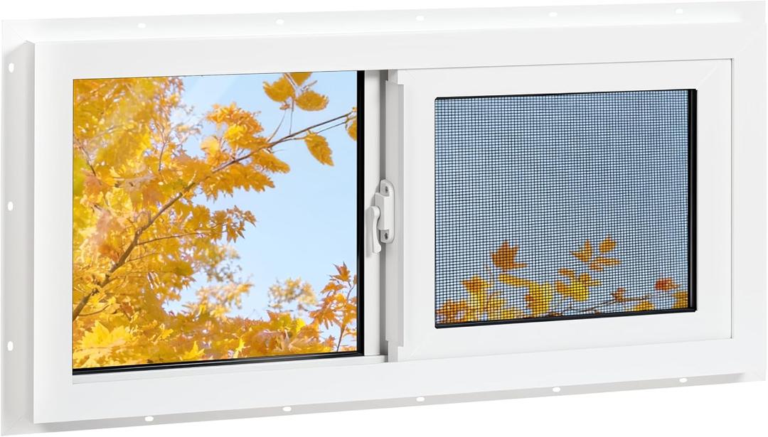 Vinyl Basement Window, 32" x 14" Bathroom Sliding Window with Double Pane Insulated Tempered Glass and Fiberglass Screen for Basement, Bathroom, Shed (White)