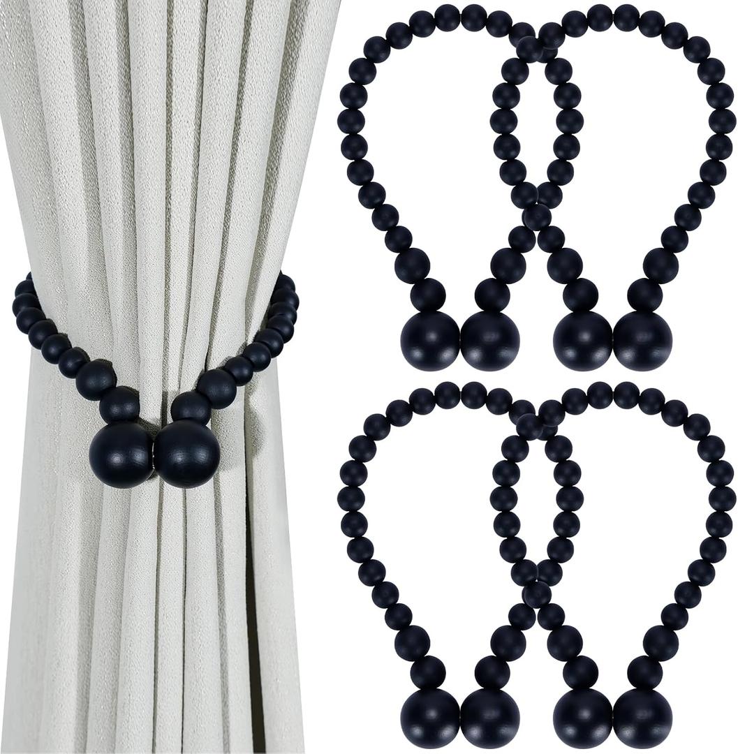 KLOGTSIND Magnetic Curtain Tiebacks, Curtain Tie Backs for Curtains 4 Pack, Wood Bead Curtain Tiebacks, Curtain Holders for Boho Bedroom Decor, Baby Nursery Decor, Farmhouse Decor