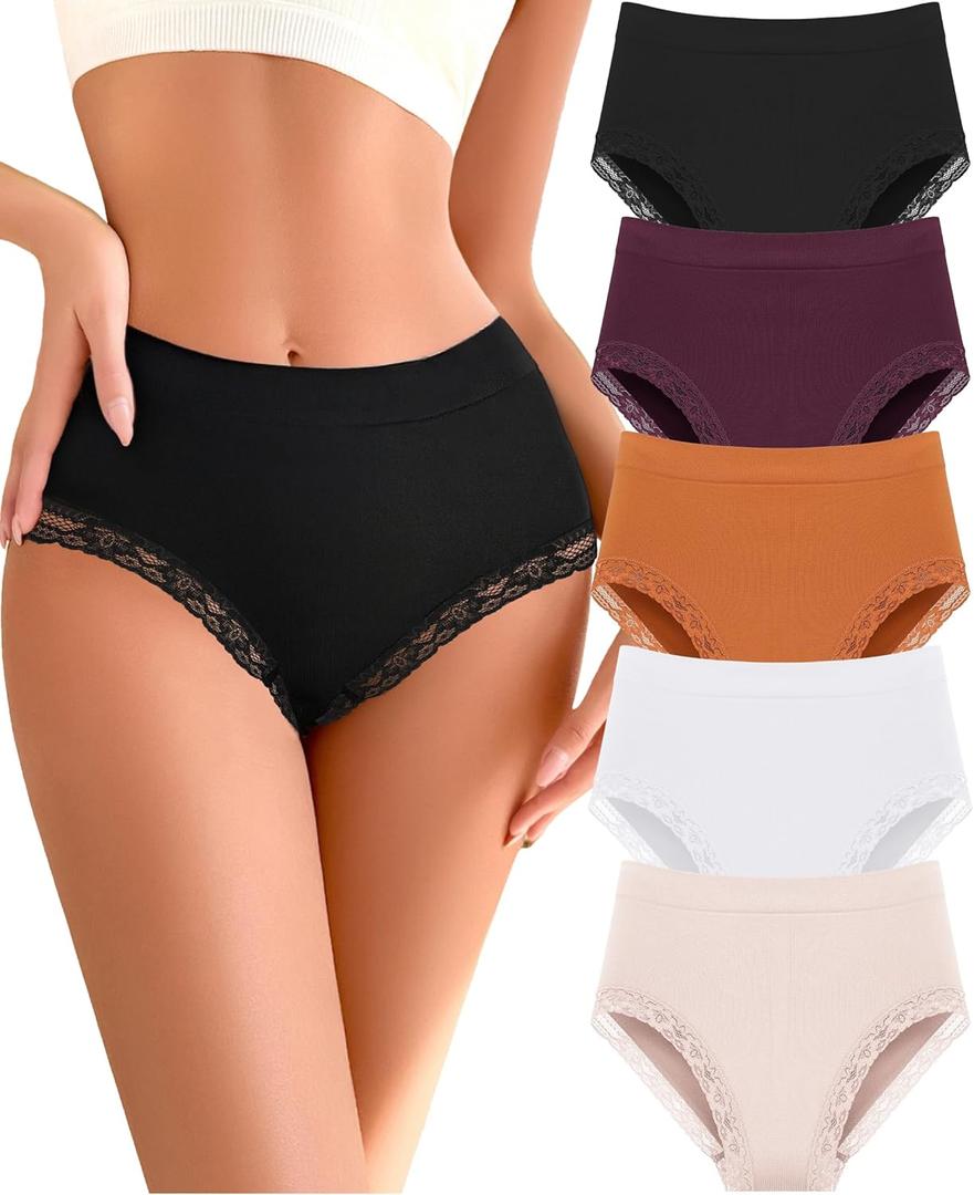 Seamless High Waisted Lace Underwear for Women 5-Pack Stretchy Full Coverage Briefs Plus Size Tagless Panties (Large, Black/Purple/Caramel/White/Nude)