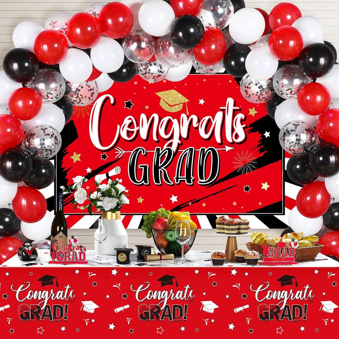 Breling 53 Pcs Graduation Decorations 2026 Congrats Grad Backdrop Banner Tablecloth Congrats Latex Balloons for University High School Graduation Party Supplies(Red and Black)