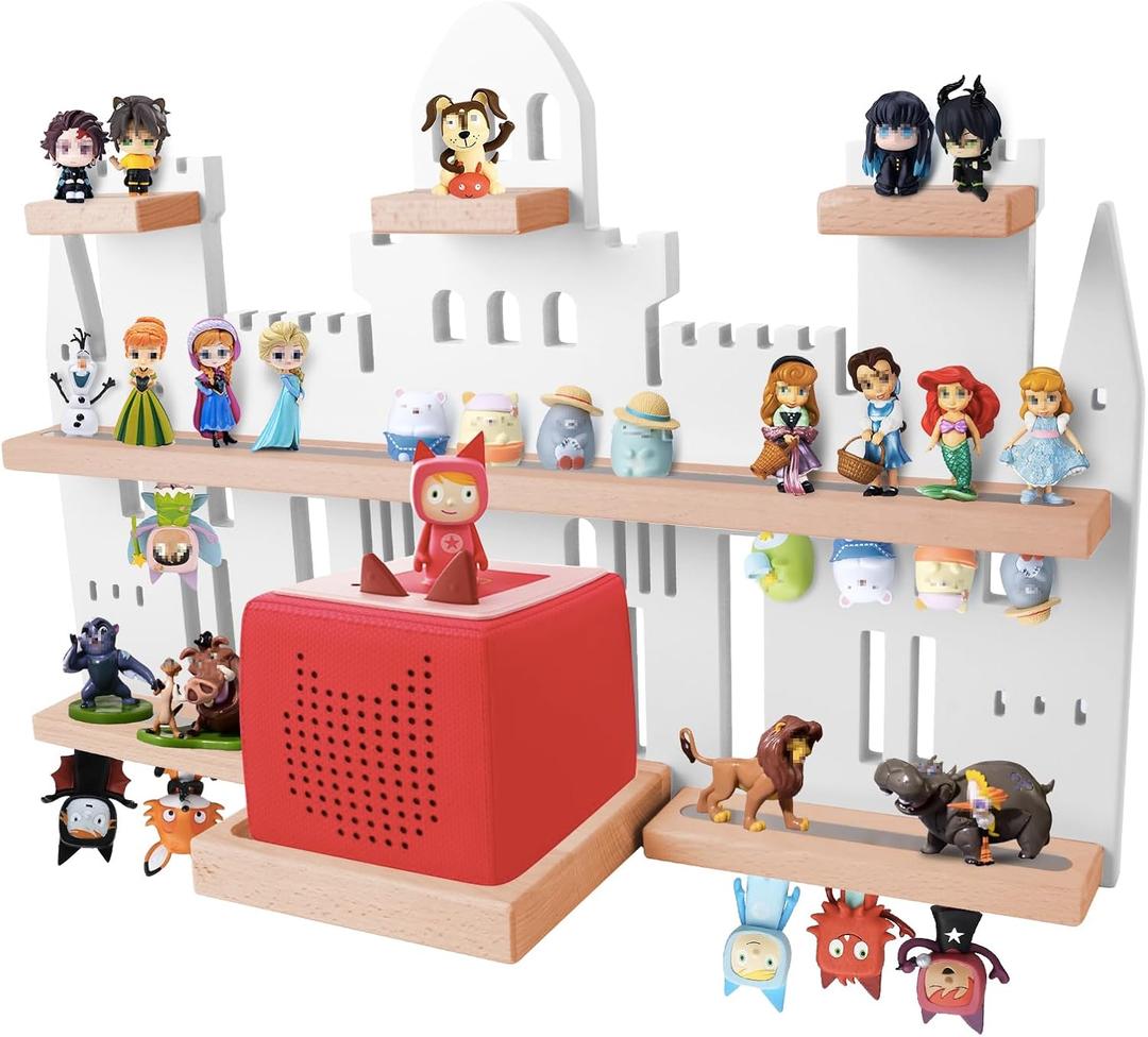 Tonie Shelf for Toniebox, Castle Tonie Shelf Wall Mounted Set,Tonie Figures Tonie Storage,Magnetic Wooden Floating Shelves Compatible with Tonie Box Player Character for Kids Room (White)