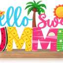 MiniInflat Hello Sweet Summer Metal Sign Summer Decorations for Home Tropical Coastal Table Decor with Wood Base for Home Office Tabletop Centerpiece Decoration Tiered Tray Mantel Shelf Fireplace