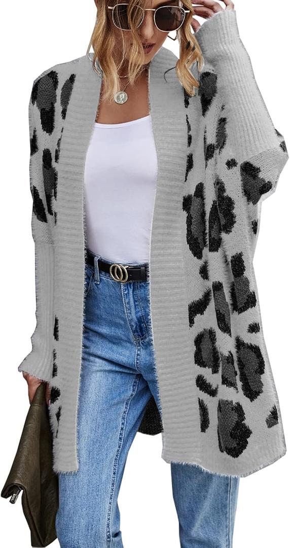 Women's Long Sleeves Open Front Casual Leopard Print Fuzzy Knitted Sweater Cardigan Coat Outwear (Medium, Grey)