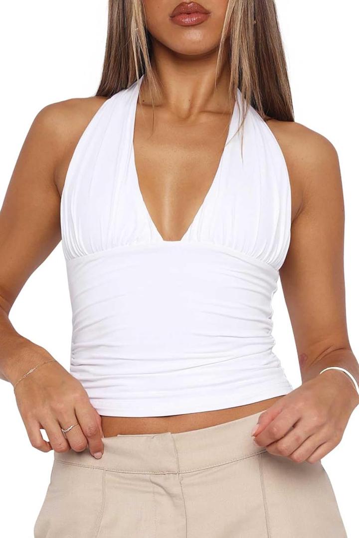 YFANG Women's Sexy Halter Top Deep V Neck Ruched Crop Tank Top Double-Layer Going Out Tops XS