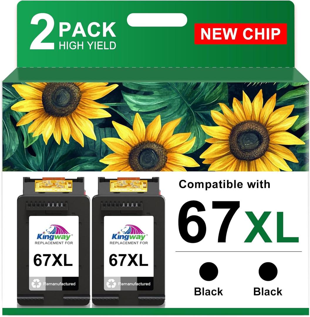 KINGWAY 67XL Ink Cartridge Black Combo Pack Replacement for HP 67 67XL Printers Work for HP DeskJet 2700 2752 2755e 2855e 2800 2742e 4155e 4255e 4100 Envy 6055e 6000 6455e 6400 6458e (2 Pack)