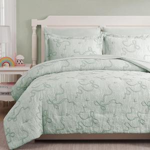 Geniospin Light Green Full Comforter Set for Girls- 6 Pieces Bowknot Jacquard Bed in A Bag Full Bedding Sets with Sheets, Pillowcases & Shams, All Season Kids Comforter Set