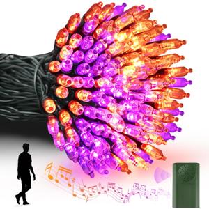 Tcamp Battery Operated Halloween Lights Motion Activated Sync with Music, 33FT 100 LED Orange Purple String Lights with Spooky Music for Outdoor Indoor Halloween Decor (6 Lighting Modes)