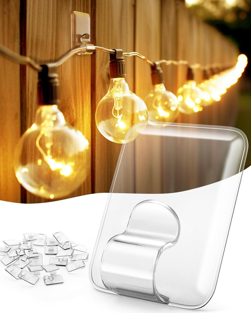 Hooks for Outdoor String Lights Clips: 20 Pack Large Clear Rectangle Outdoor Light Clips Waterproof Adhesive Strips - Heavy Duty Outside Hanging Cable Rope Light Holders Organizer