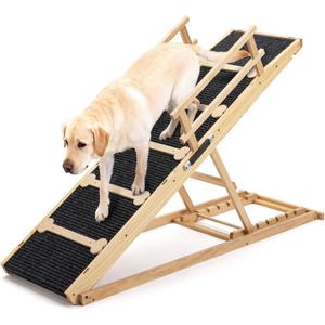 AQUILLA 60.9" Natural Wood Dog Ramp for Bed, Couch & Car,5-Level Adjustable Wooden Pet Ramp with Plush Anti-Slip Surface, Removable Rails, Angle Lock, Folding Dog Ramp for Small & Senior Pets, 200 lbs
