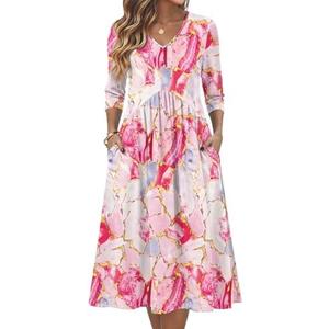 Zeagoo Summer Dresses for Women 2026 3/4 Sleeve Women's Dress Casual Midi Tshirt Dresses with Pockets Semi-Formal Sundress XXL