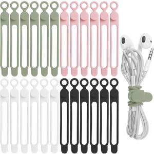 Nearockle 24Pcs Silicone Cable Straps Cord Organizer for Bundling Earphone, Phone Charger, Computer Cords, Reusable Cable Ties Wire Organizer in Home, Office, Kitchen, School (4 Colors)
