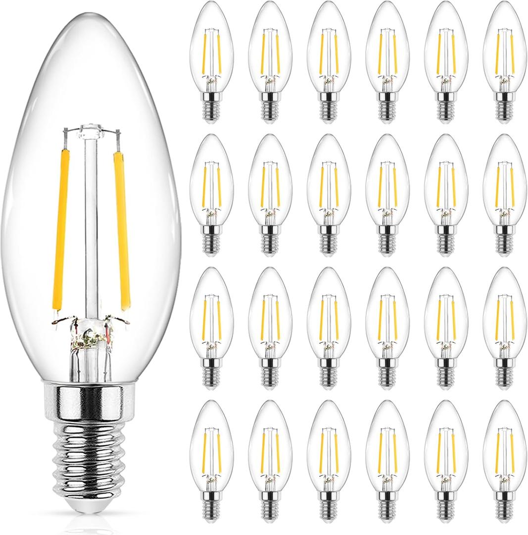 Ascher E12 LED Classic Candelabra Clear Light Bulb, 4W, Equivalent 40W, Warm White 2700K, Non-Dimmable, Filament Clear Glass, Pack of 24