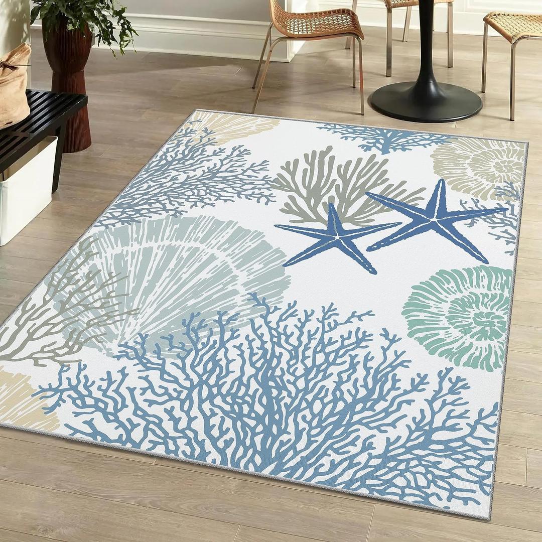 Tritard Coastal Area Rugs Nautical Beach Themed Non-Slip Machine Washable Rugs Modern Floor Carpet for Living Room Bedroom, 5x7, Blue